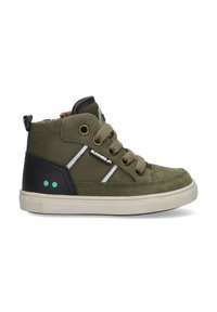 Hoge groene suède sneakers met zwarte accenten, witte strepen en kaki veters. Bevat een textuurpaneel aan de zijkant en logodetail.