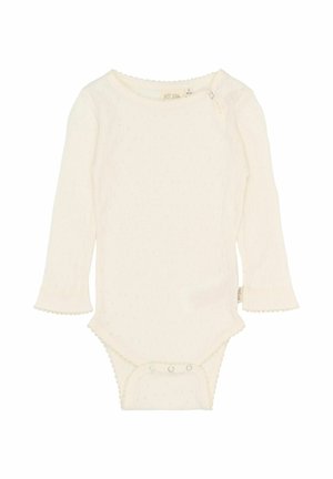 Bodysuit z długim rękawem z bawełny w kolorze kremowym, z teksturowanym wzorem i falbaniastymi krawędziami. Zatrzaski na dole ułatwiające zmianę.