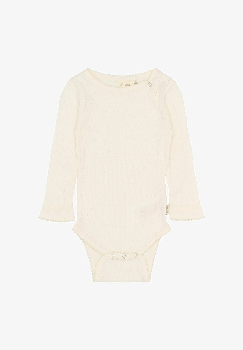 Bodysuit en coton à manches longues de couleur crème, avec un motif texturé et des bords en forme de vagues. Boutons pression en bas pour un changement facile.