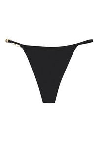 Czarny dół bikini o minimalnym pokryciu, z cienkimi ramiączkami, złotym detalem w kształcie kwadratu oraz gładką, elastyczną teksturą materiału.