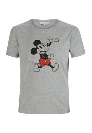 Gray cotton t-shirt featuring a black and red cartoon mouse graphic. Short sleeves, round neck, smooth texture, casual design.