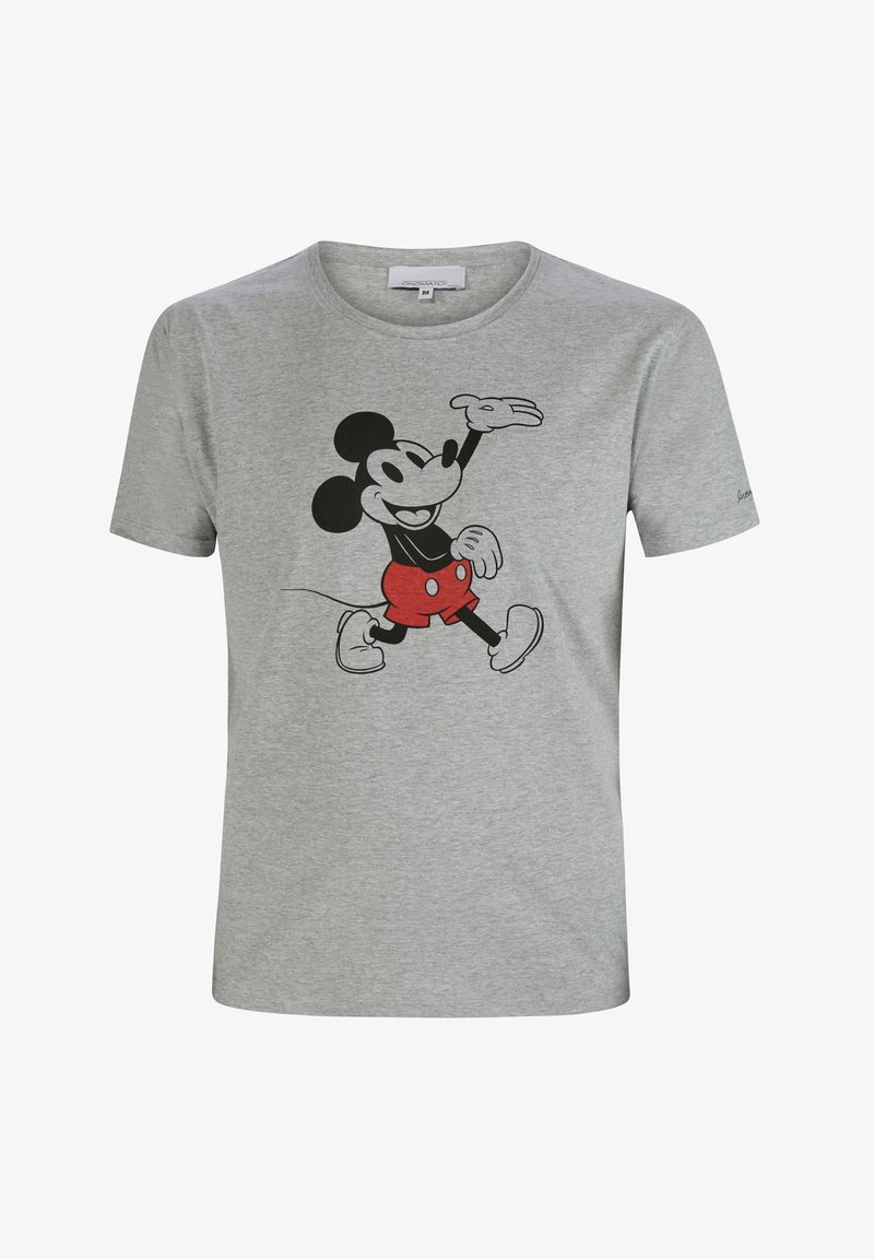 Graues Baumwoll-T-Shirt mit einem schwarzen und roten Cartoon-Maus-Graphic. Kurzarm, runder Ausschnitt, glatte Textur, lässiges Design.