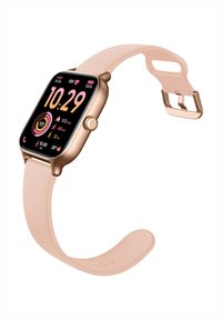 Smartwatch con schermo rettangolare nero, cassa in metallo color oro rosa e cinturino in silicone rosa chiaro con chiusura a fibbia.