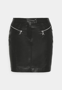 Zwarte leren rok met een slanke pasvorm, voorzien van twee zilveren ritssluitingen aan de voorkant en een gladde, glanzende textuur.