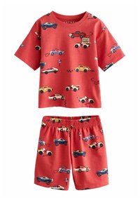 Røde bomulds pyjamaser med kortærmet top og shorts, prydet med forskellige farverige tegneseriebiler og legende racingelementer.