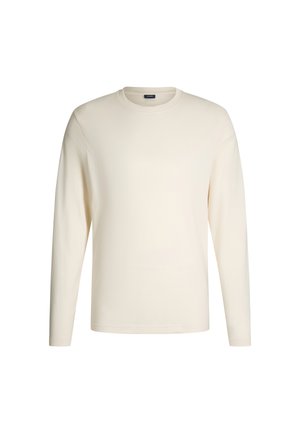 Lange mouwen, crèmekleurig T-shirt van zachte katoen. Heeft een ronde halslijn en een minimalistisch logo op de borst.