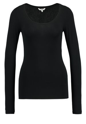Black long-sleeve top with a round neckline, made from a soft, stretchable fabric. Body-hugging fit with a smooth texture.