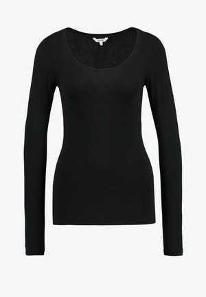 Schwarzes Langarmoberteil mit rundem Halsausschnitt, aus einem weichen, dehnbarem Stoff gefertigt. Figurnaher Schnitt mit glatter Textur.