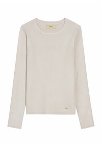 Jasnobeżowa, prążkowana koszulka z długim rękawem i okrągłym dekoltem. Zawiera subtelny akcent złotego logo przy dolnym brzegu. Miękka tekstura i dopasowany krój.