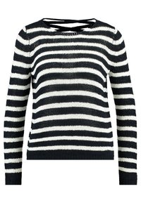 Sweter w paski z czarno-białymi poziomymi paskami, okrągłym dekoltem, długimi rękawami i krzyżowym tyłem. Włókno o fakturze dzianiny.