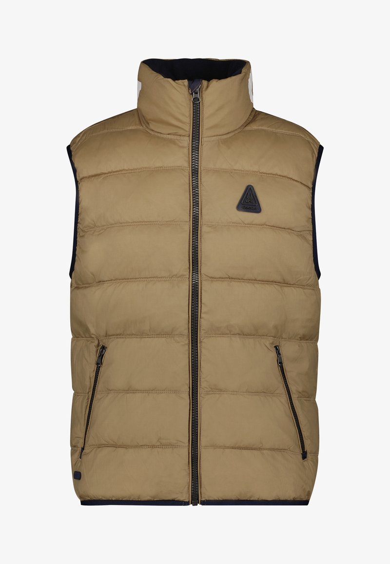 Beige sleeveless padded vest with front zipper, two zippered pockets, high collar, and small triangular logo patch on chest.