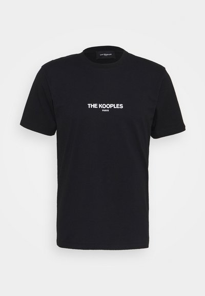 Svart bomull t-skjorte med rund hals, korte ermer, og hvit logo tekst "THE KOOPLES PARIS" på forsiden.
