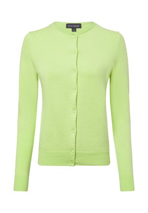 Hellgrüner Cardigan aus weichem, strukturiertem Stoff. Mit rundem Ausschnitt, langen Ärmeln und Knopfverschluss auf der Vorderseite.