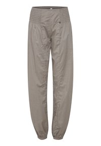 Lightweight, beige trousers with an elasticated, smocked waistband. Features tapered legs with gathered cuffs and a smooth texture.