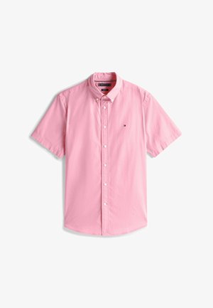Camicia a maniche corte con bottoni di colore rosa chiaro. Realizzata in cotone, presenta un collo classico, un piccolo logo sul lato sinistro del petto e un orlo dritto.