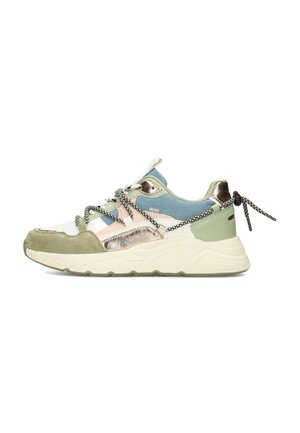 Mehrfarbiger Sneaker mit Mesh-, Wildleder- und metallischen Akzenten. Grün, hellrosa, blau und cremefarben mit strukturierten Sohlen und gemusterten Schnürsenkeln.