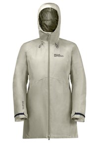 Beige waterdichte parka met een capuchon, voorzien van een volledige rits aan de voorkant en verstelbare trekkoorden. Geweven stof met donkerblauwe accenten op de manchetten.