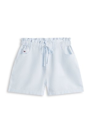 Ανοιχτό μπλε και άσπρες ριγέ καθημερινές βερμούδες με ελαστική μέση τύπου paperbag, κορδόνι για δέσιμο και δύο μπροστινές τσέπες.