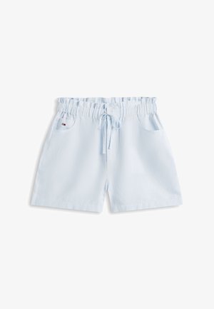 Lyseblå og hvitstripete casual shorts med elastisk paperbag-midje, snor til knyting og to frontlommer.