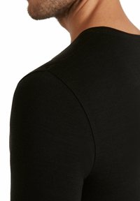 Black long-sleeve shirt featuring a smooth texture, rounded neckline, and fitted design, emphasizing shoulder and back details.