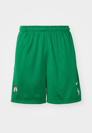 Green mesh basketball shorts with elastic waistband, NBA logo, and team emblem on the left leg. Lightweight and breathable fabric.