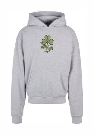 Gray hooded sweatshirt made of cotton blend with a front pocket. Features a green shamrock logo and "IRISH MOB" in a ribbon below.
