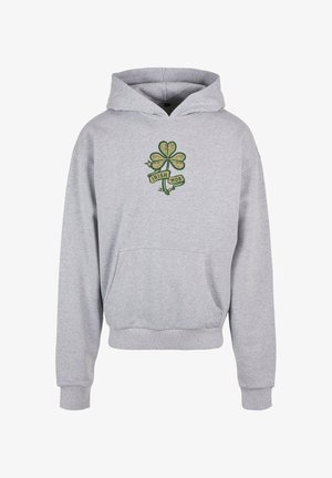 Gray hooded sweatshirt made of cotton blend with a front pocket. Features a green shamrock logo and "IRISH MOB" in a ribbon below.