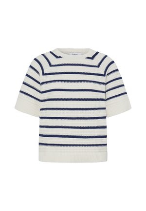 Wit gebreide korte mouwen trui met marineblauwe horizontale strepen en geribde manchetten en zoom, ronde halslijn.