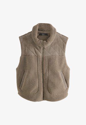 Beige fleece-vest kõrge kraega, pealmine osa on tikandiga ning alamine osa on pehme, sisaldab kaht küljetaskut ja esist lukku.