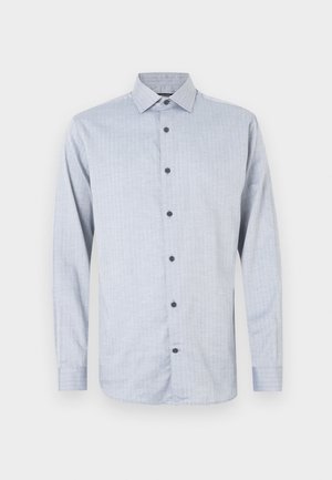 Light blue long-sleeve shirt with a subtle textured pattern, featuring a classic collar and dark buttons down the front.