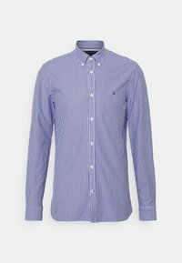 Langzaam mouwblouse met blauwe en witte verticale strepen, van katoen, met een klassieke kraag en een klein geborduurd logo op de borst.