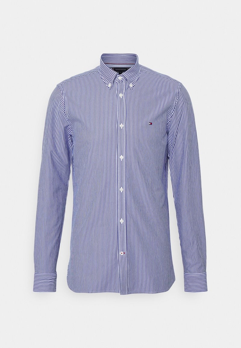Langzaam mouwblouse met blauwe en witte verticale strepen, van katoen, met een klassieke kraag en een klein geborduurd logo op de borst.