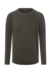 Olive green koszula z długim rękawem z teksturowanej tkaniny, z okrągłym dekoltem, rękawami raglanowymi i subtelnym logo na piersi.