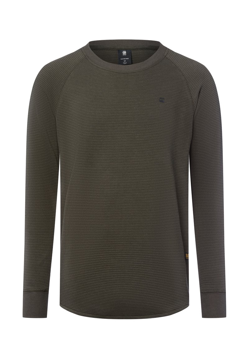 Olive green koszula z długim rękawem z teksturowanej tkaniny, z okrągłym dekoltem, rękawami raglanowymi i subtelnym logo na piersi.