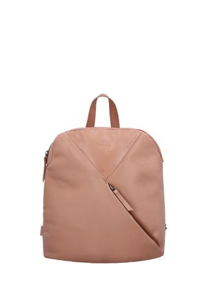 Weicher rosa Leder-Rucksack mit diagonaler Frontreißverschlusstasche und einem Tragegriff oben.