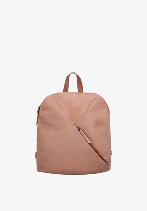 Weicher rosa Leder-Rucksack mit diagonaler Frontreißverschlusstasche und einem Tragegriff oben.