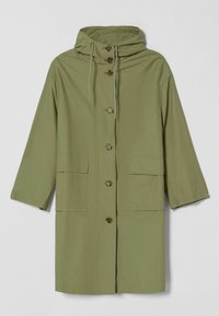 Olive green hooded jacket with a button front, two large pockets, and three-quarter sleeves. Made of lightweight fabric with a smooth texture.