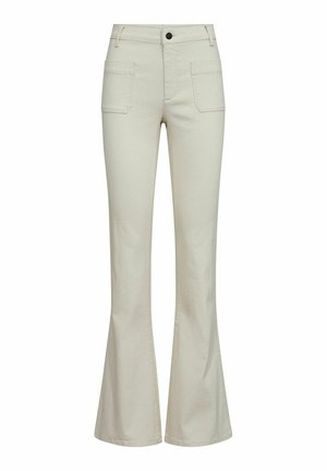 Jeans a zampa d'elefante di colore crema realizzati in cotone resistente. Presentano tasche frontali e una chiusura con bottone, con una superficie liscia e cuciture pulite.