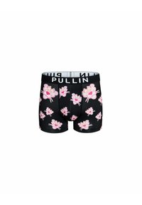 Boxer-briefs noirs avec imprimé animalier rose ludique, présentant une coupe ajustée et une ceinture élastique avec le logo "PULLIN". Texture de matière douce.