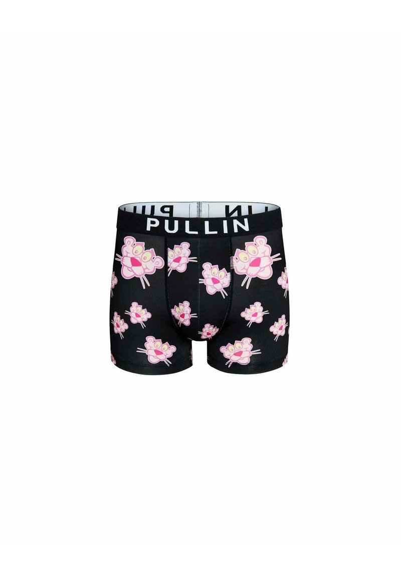 Boxer-briefs noirs avec imprimé animalier rose ludique, présentant une coupe ajustée et une ceinture élastique avec le logo "PULLIN". Texture de matière douce.
