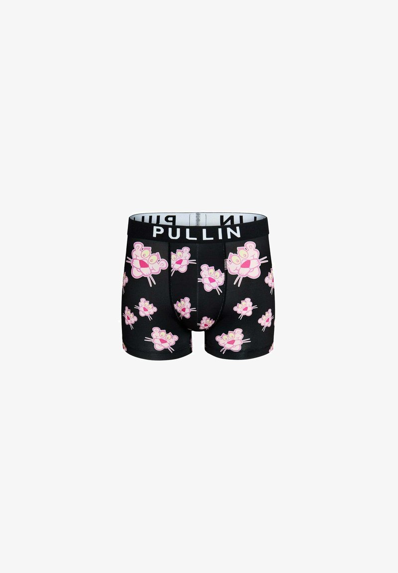 Boxer-briefs noirs avec imprimé animalier rose ludique, présentant une coupe ajustée et une ceinture élastique avec le logo "PULLIN". Texture de matière douce.
