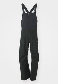 Sorte isolerede bib overalls med justerbare stropper, lynlås lomme på brystet og to forlommer. Glat, slidstærkt stof med mat finish.