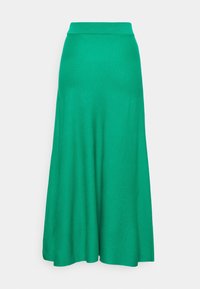 Green knit skirt with a high waistband, featuring a flared silhouette and smooth texture, tailored for comfortable wear.