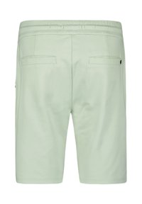 Lichtgroene katoenen shorts met een elastische tailleband, twee achterzakken en platte naden. Eenvoudig ontwerp, geschikt voor casual kleding.