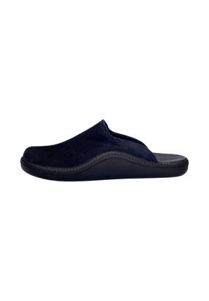 Marineblaue Slipper zum Hineinschlüpfen mit Cord-Obermaterial und gepolsterter Sohle, entwickelt für Komfort im Innenbereich und einfaches Anziehen.
