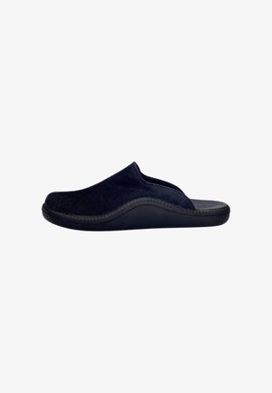 Marineblaue Slipper zum Hineinschlüpfen mit Cord-Obermaterial und gepolsterter Sohle, entwickelt für Komfort im Innenbereich und einfaches Anziehen.
