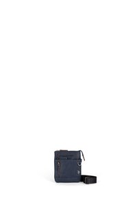 Borsa a tracolla in pelle blu navy con chiusura zip, tasca anteriore, tracolla regolabile e finitura testurizzata. Presenta il logo e dettagli metallici.