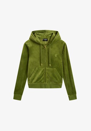 Roheline veluurist lukuga kapuutsiga jakker, millel on eesmine tasku, kuldne lukustus ja logo detail. Omab kapuutsi ja soonikuid varrukaid. Pehme tekstuur.