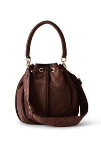 Brown textured bucket handbag with padded handle, gold hardware, drawstring closure, and a wide adjustable shoulder strap with embossed text.