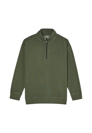 Pull à manches longues vert olive avec une fermeture éclair au quart et un petit logo "element" sur la poitrine gauche.